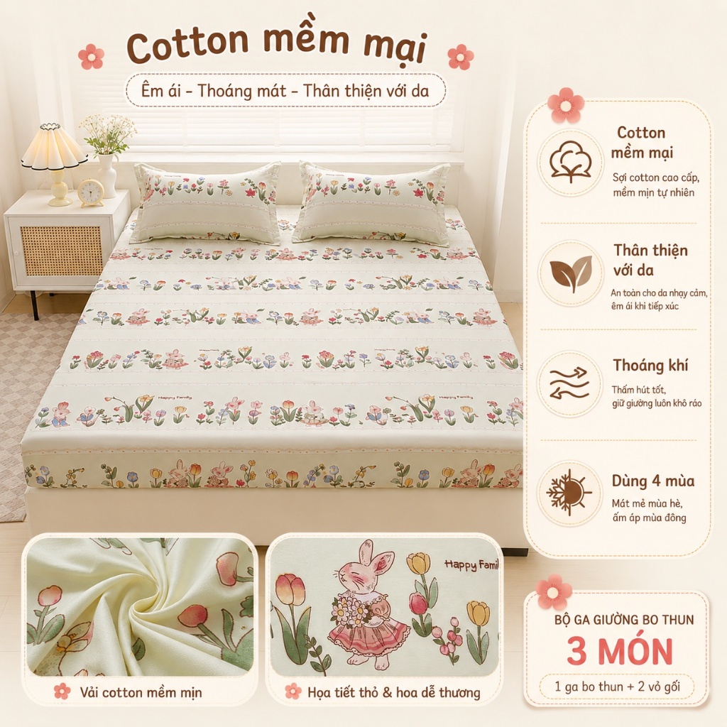 Bộ 3 Tấm Chăn Giường Ôm Cotton 100% Hiện Hàng Sẵn Giao, Dùng 4 Mùa Phù Hợp Khí Hậu Việt, Mềm Mại Thân Thiện Da, Giặt Máy Không Phai Màu, Thoáng Khí Tuyết Đối