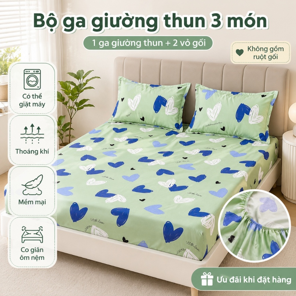Bộ chăn ga 3 món cotton 100% chất lượng, thoáng mát không nóng, dễ giặt máy không phai màu