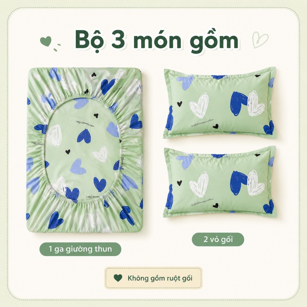 Bộ chăn ga 3 món cotton 100% chất lượng, thoáng mát không nóng, dễ giặt máy không phai màu