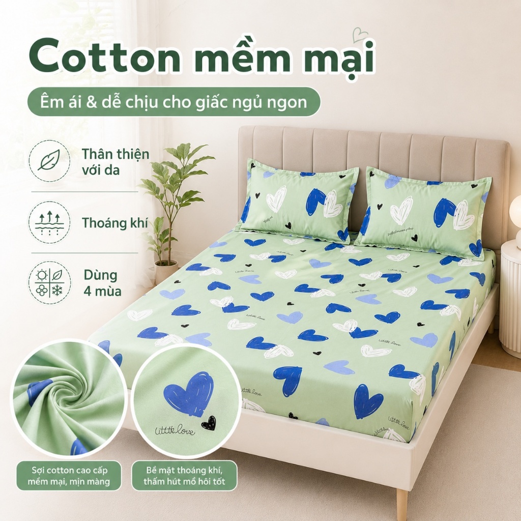 Bộ chăn ga 3 món cotton 100% chất lượng, thoáng mát không nóng, dễ giặt máy không phai màu