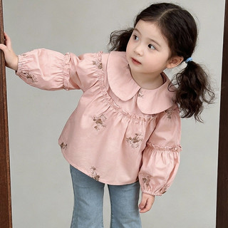 MuyoNowo Bé Gái 100% Cotton Thêu Hoa Áo Búp Bê Cổ Phồng Tay Dài Trẻ Em Áo Sơ Mi