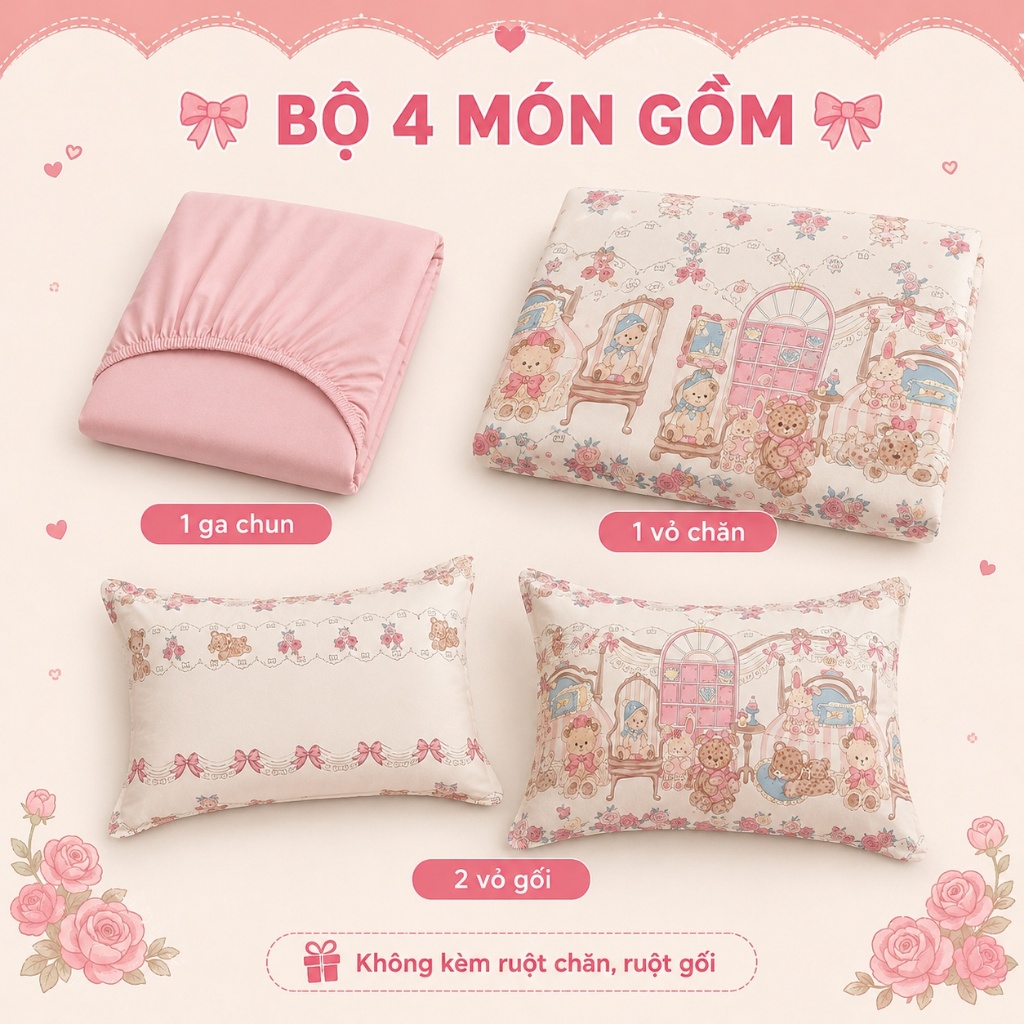 Bộ 4 Chăn Ga Ôm 100% Cotton Nguyên Chất Sẵn Kho, Dùng Cả Năm, Thoáng Khí Tốt, Giặt Máy Không Co Rút Không Phai Màu