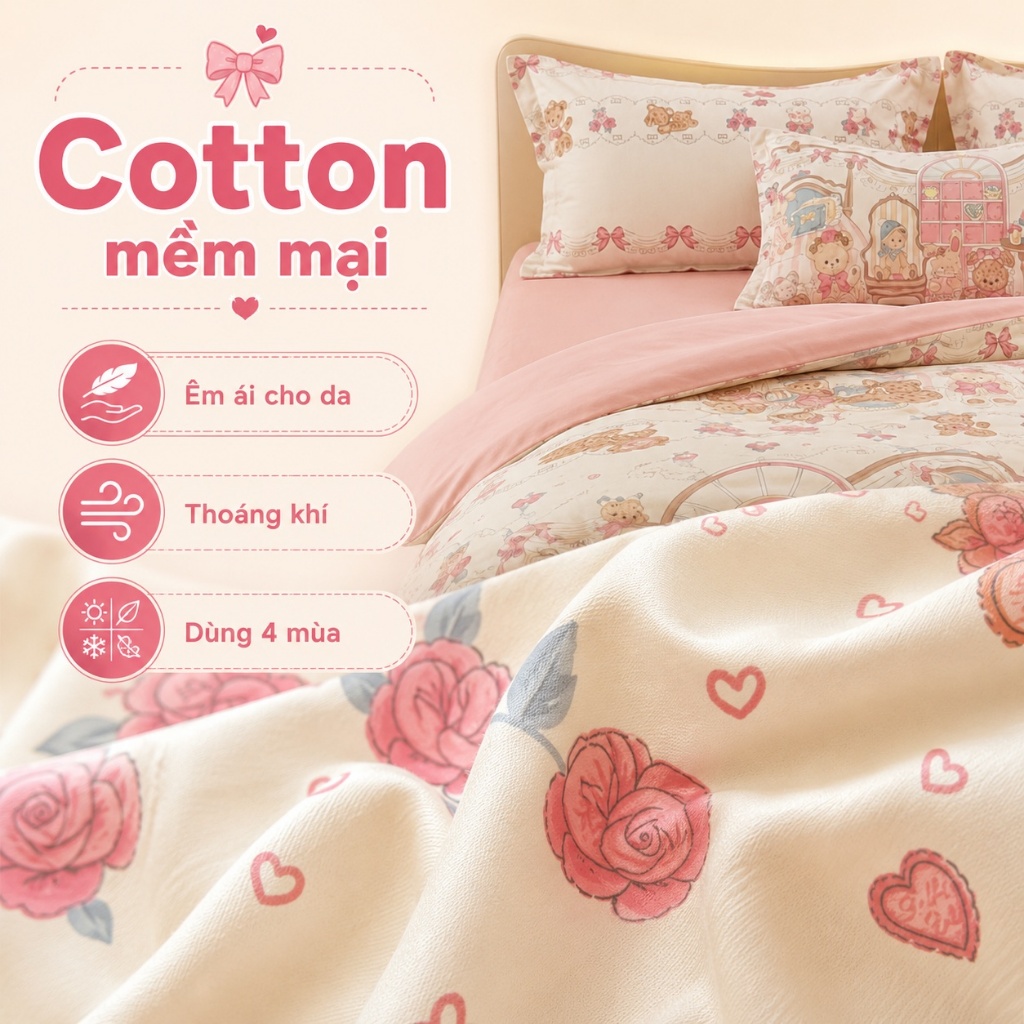 Bộ 4 Chăn Ga Ôm 100% Cotton Nguyên Chất Sẵn Kho, Dùng Cả Năm, Thoáng Khí Tốt, Giặt Máy Không Co Rút Không Phai Màu