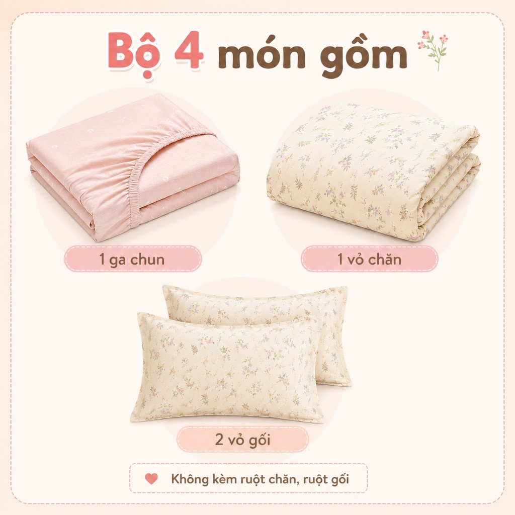 Chăn ga ôm 4 món 100% cotton hàng sẵn, size đầy đủ, phù hợp khí hậu Việt, mềm mại, thoáng mát, không phai màu