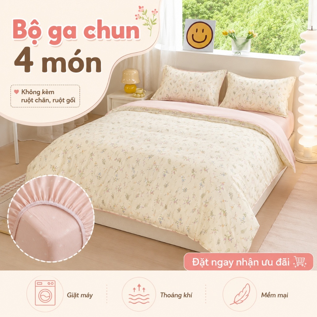 Chăn ga ôm 4 món 100% cotton hàng sẵn, size đầy đủ, phù hợp khí hậu Việt, mềm mại, thoáng mát, không phai màu