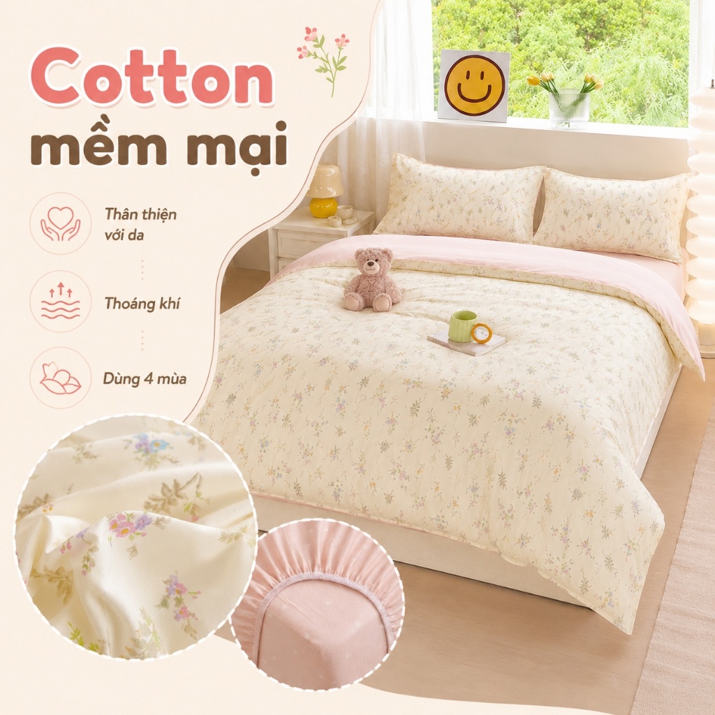 Chăn ga ôm 4 món 100% cotton hàng sẵn, size đầy đủ, phù hợp khí hậu Việt, mềm mại, thoáng mát, không phai màu