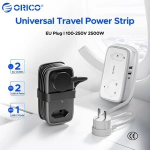 ORICO Dải nguồn du lịch 5 trong 1 EU Schuko Plug 2AC Outlet 1Type-C + 2USB-A Dây vết thương di động Dây nối dài phích cắm phẳng cho du lịch Châu Âu