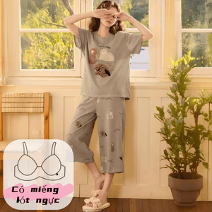 【Bộ có đệm ngực】Bộ đồ ngủ nữ tay ngắn quần lửng cotton cổ trơn xuân thu in hình đáng yêu chất vải Pháp mặc nhà mặc ngoài