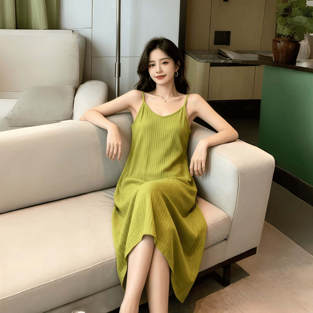 Đầm dài nữ mới 2026: Dáng dây quai cổ V sâu sang trọng, chất cotton 100% mềm mại thoáng mát, phong cách Pháp nhún tinh tế, màu trơn dịu dàng nữ tính【mặc nhà hay đi chơi đều đẹp】