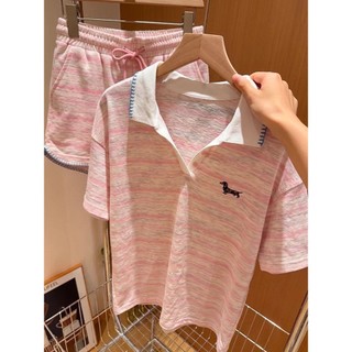 Bộ đồ ngủ chó con sọc nữ ve áo quần short ngắn tay Bộ nhà