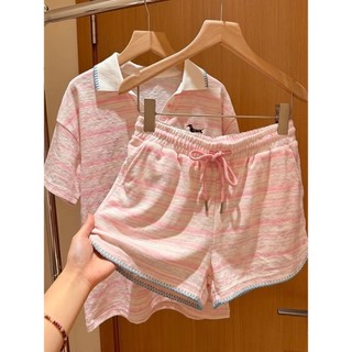 Bộ đồ ngủ chó con sọc nữ ve áo quần short ngắn tay Bộ nhà