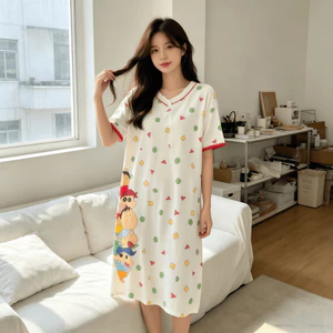 Đầm ngủ nữ cotton mát cổ tròn tay ngắn in hình dễ thương【mới 2026 – mặc nhà hay đi chơi được】