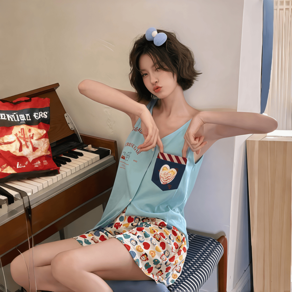 Bộ đồ ngủ nữ cotton mát 3 món: Cardigan + áo ba lơ in hình dễ thương + quần đùi【mới xuân hè 2026 – mặc nhà hay đi chơi】