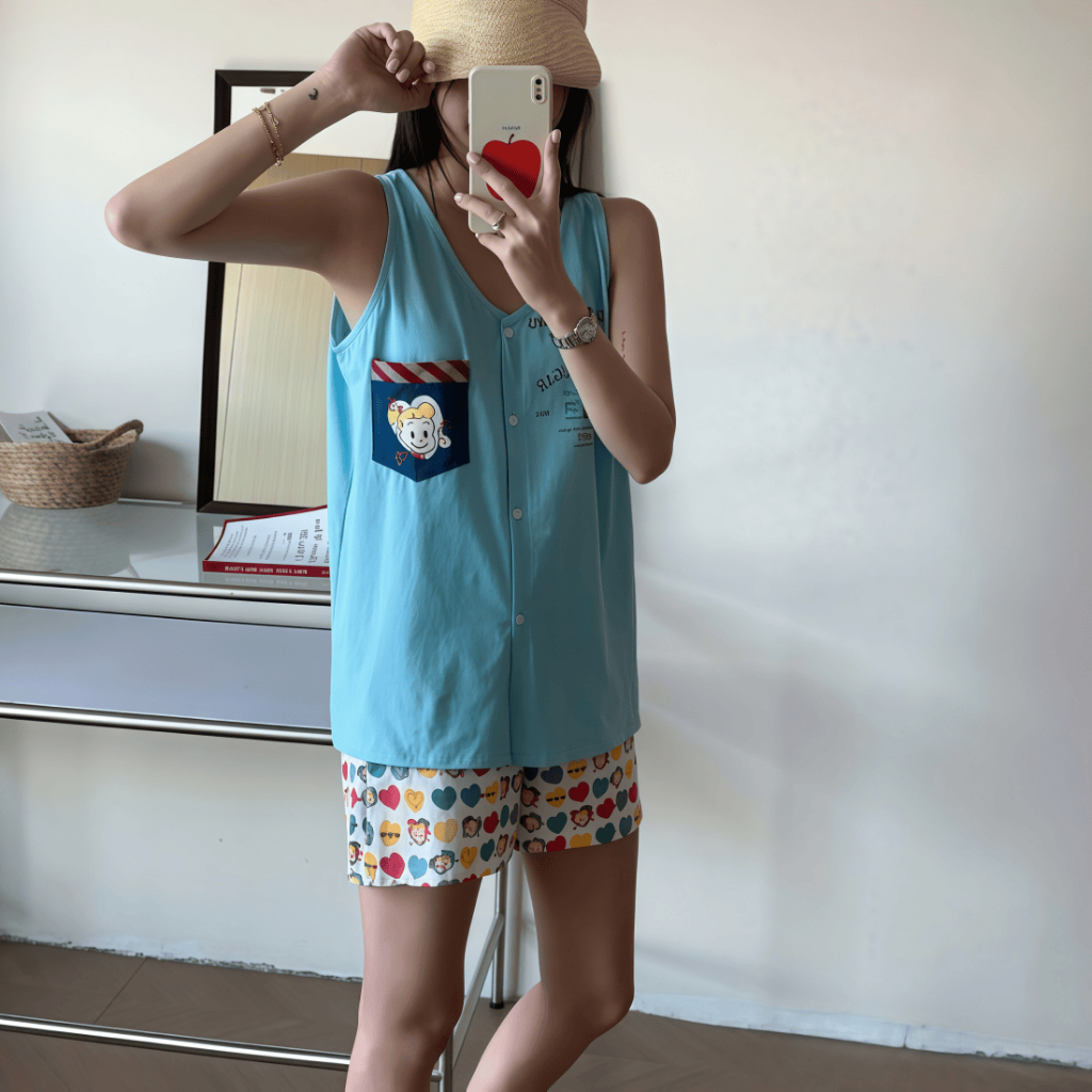 Bộ đồ ngủ nữ cotton mát 3 món: Cardigan + áo ba lơ in hình dễ thương + quần đùi【mới xuân hè 2026 – mặc nhà hay đi chơi】