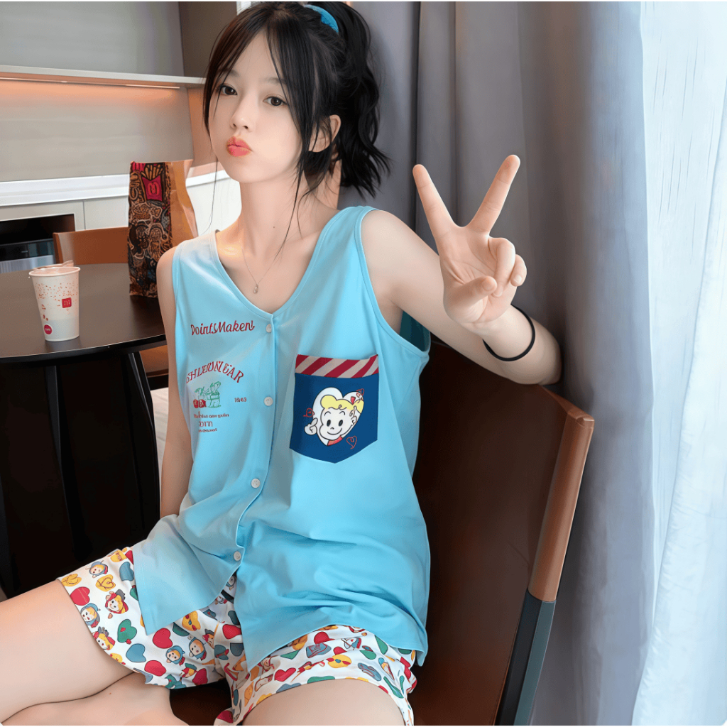 Bộ đồ ngủ nữ cotton mát 3 món: Cardigan + áo ba lơ in hình dễ thương + quần đùi【mới xuân hè 2026 – mặc nhà hay đi chơi】