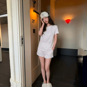 Bộ đồ ngủ nữ cotton mát dáng rộng in hình trái tim dễ thương【mới xuân hè 2026 – mặc nhà hay đi chơi】