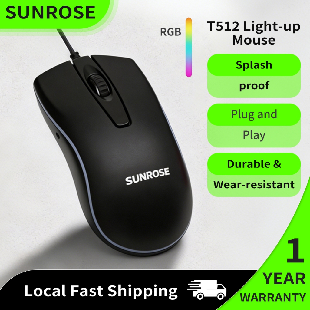 Chuột có dây tiện dụng Sunrose T512, có đèn nền LED chiếu sáng, nhấp chuột im lặng, Bánh xe cuộn chống trượt 3D, 1000DPI, Plug & Play, Di động để làm việc và chơi game văn phòng