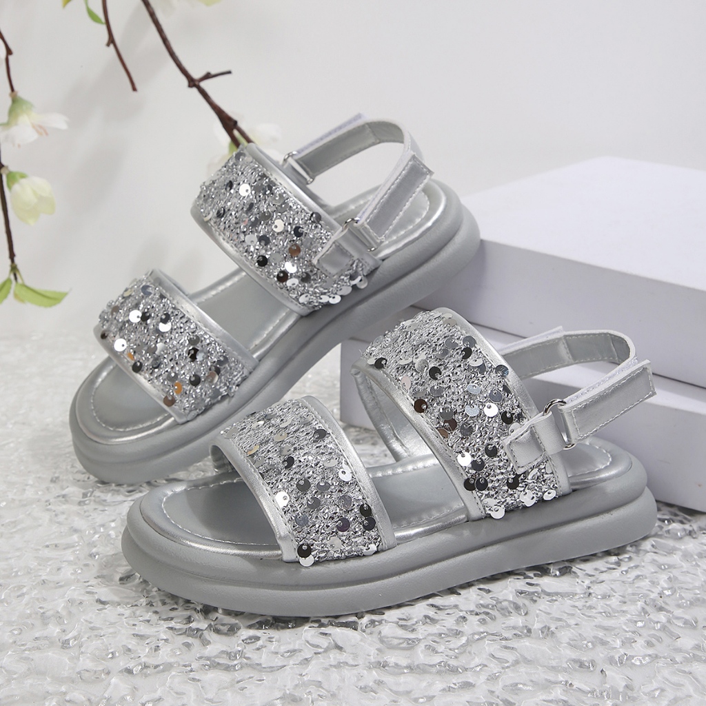 Bé Gái Sáng Bóng Kim Loại Đôi Dây Sandal, Kim Cương Giả Trang Trí Mũi Mở Xăng đan Phẳng Có Thể Điều Chỉnh Mắt Cá Chân Velcro Đế Cao Su Chống Trơn Trượt Trẻ Em Mùa Hè Giày Thường Ngày