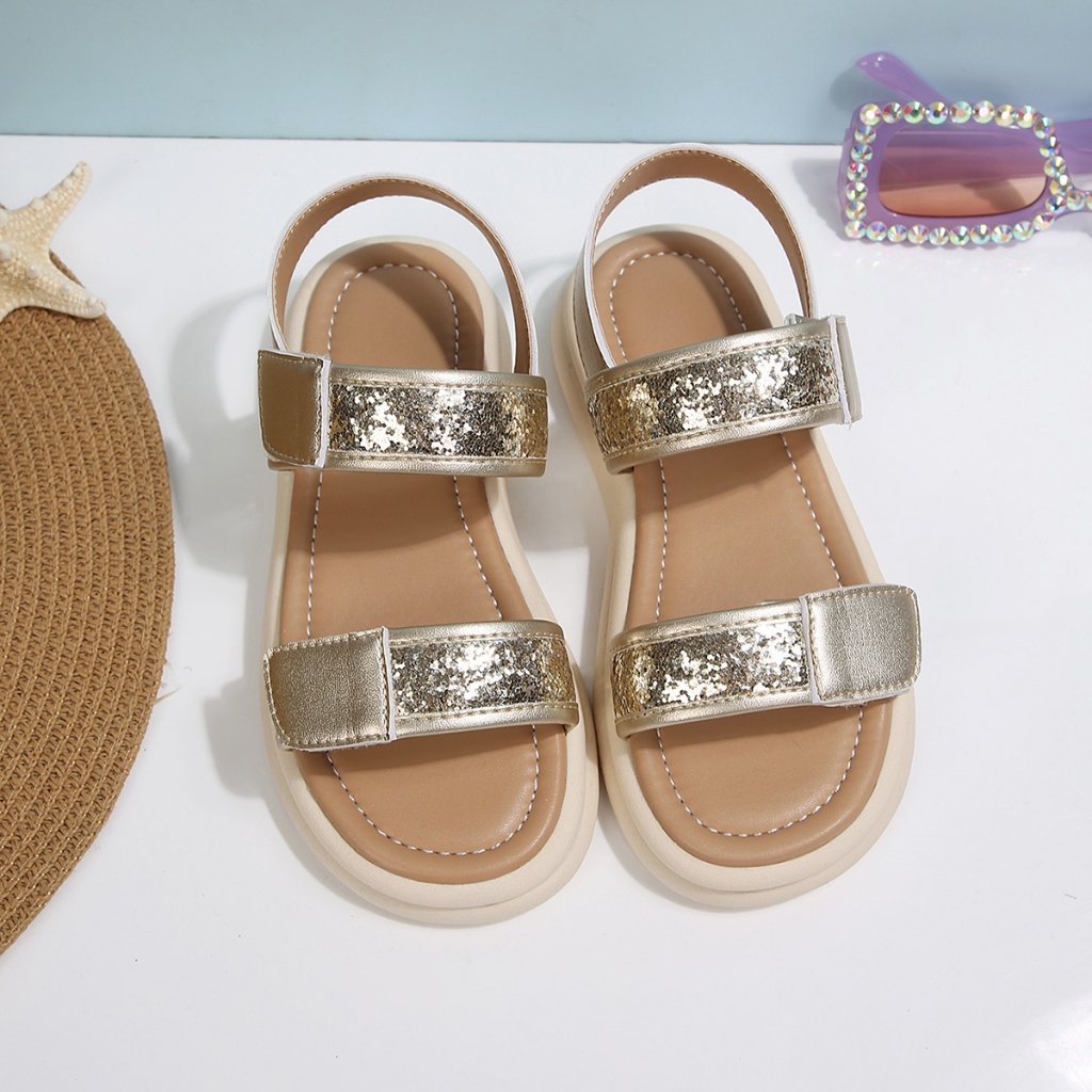 Bé Gái Sáng Bóng Kim Loại Đôi Dây Sandal, Kim Cương Giả Trang Trí Mũi Mở Xăng đan Phẳng Có Thể Điều Chỉnh Mắt Cá Chân Velcro Đế Cao Su Chống Trơn Trượt Trẻ Em Mùa Hè Giày Thường Ngày