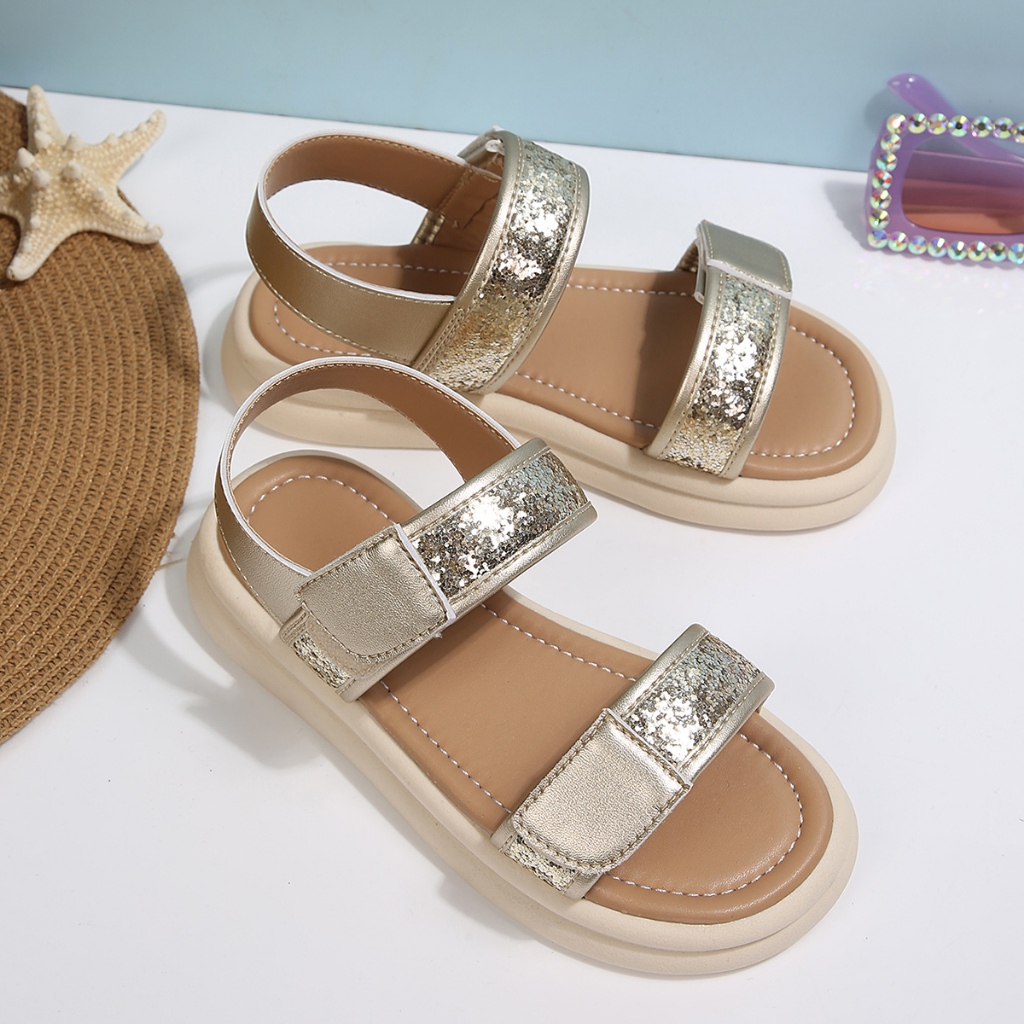 Bé Gái Sáng Bóng Kim Loại Đôi Dây Sandal, Kim Cương Giả Trang Trí Mũi Mở Xăng đan Phẳng Có Thể Điều Chỉnh Mắt Cá Chân Velcro Đế Cao Su Chống Trơn Trượt Trẻ Em Mùa Hè Giày Thường Ngày