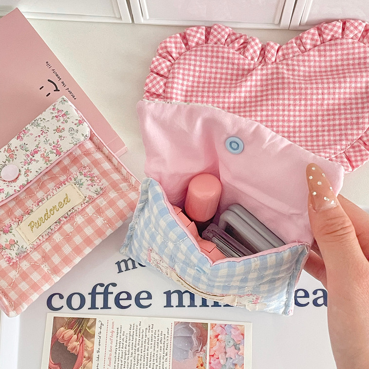 Túi nhỏ ô hoa khâu chỉ vải mềm khóa cài đựng son đồ nhỏ nhà ở du lịch ký túc xá thời trang