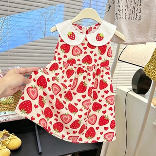 MuyoNowo Bé Gái Mùa Hè In Trái Cây Không Tay Đầm Lyocell Viscose Búp Bê Cổ Áo Trẻ Em Đầm