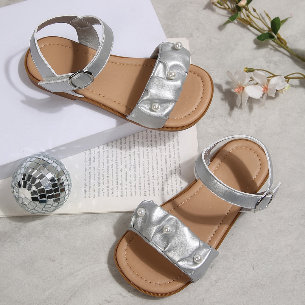 Bé Gái Sáng Bóng Kim Loại Đôi Dây Sandal, Kim Cương Giả Trang Trí Mũi Mở Xăng đan Phẳng Có Thể Điều Chỉnh Mắt Cá Chân Velcro Đế Cao Su Chống Trơn Trượt Trẻ Em Mùa Hè Giày Thường Ngày