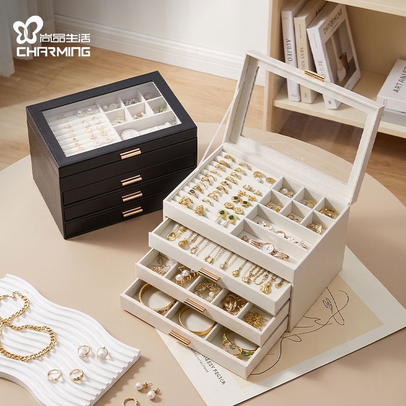 CASEGRACE Hộp đựng đồ trang sức 4 tầng dung tích lớn có nắp trong suốt & ngăn kéo bằng da PU có thể xếp chồng lên nhau cho trang sức Bông tai Vòng cổ Hộp lưu trữ