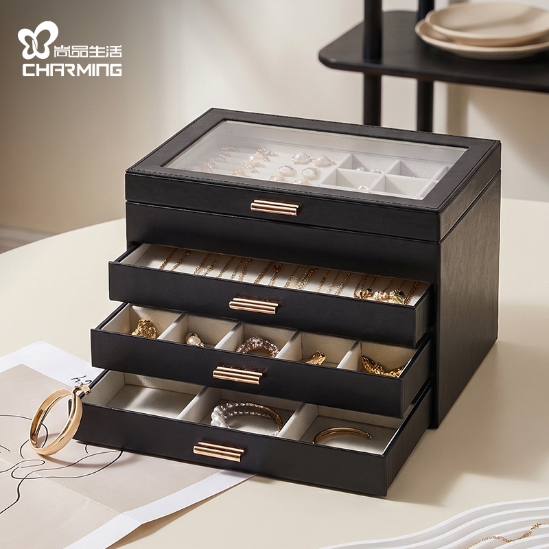 CASEGRACE Hộp đựng đồ trang sức 4 tầng dung tích lớn có nắp trong suốt & ngăn kéo bằng da PU có thể xếp chồng lên nhau cho trang sức Bông tai Vòng cổ Hộp lưu trữ