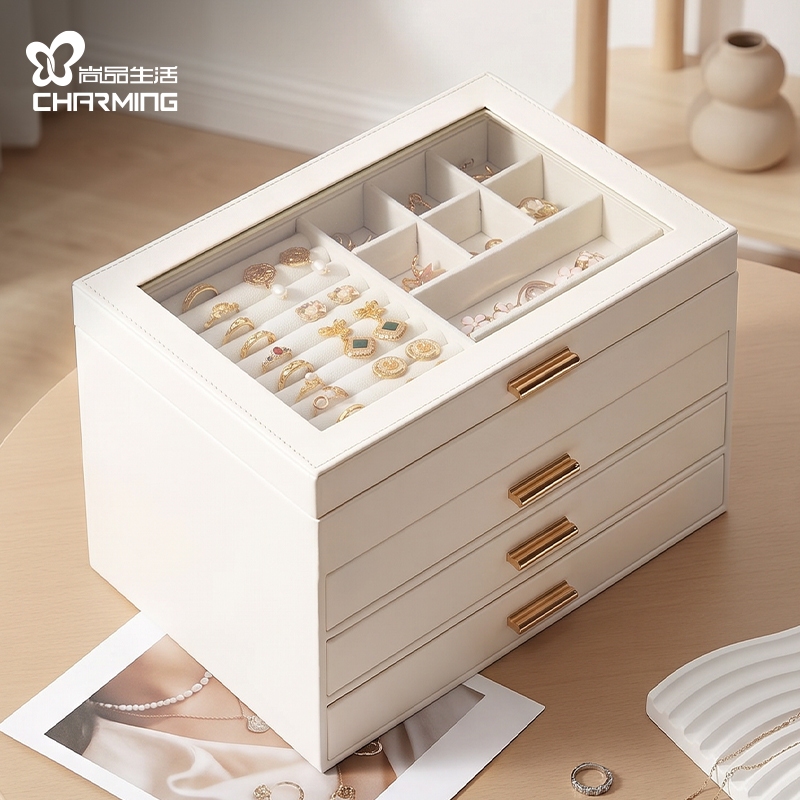 CASEGRACE Hộp đựng đồ trang sức 4 tầng dung tích lớn có nắp trong suốt & ngăn kéo bằng da PU có thể xếp chồng lên nhau cho trang sức Bông tai Vòng cổ Hộp lưu trữ