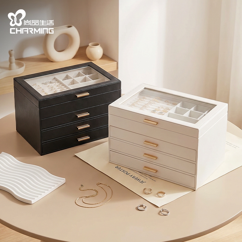 CASEGRACE Hộp đựng đồ trang sức 4 tầng dung tích lớn có nắp trong suốt & ngăn kéo bằng da PU có thể xếp chồng lên nhau cho trang sức Bông tai Vòng cổ Hộp lưu trữ