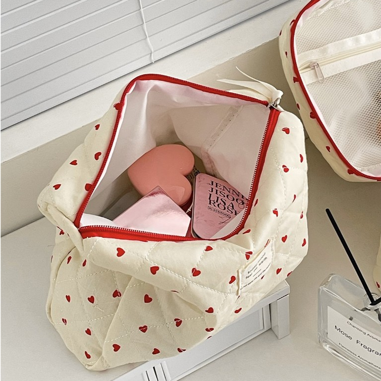 Túi mỹ phẩm trái tim đỏ vải mềm khóa kéo đơn giản lớn tắm du lịch đựng phụ kiện nhà ở dành cho nữ