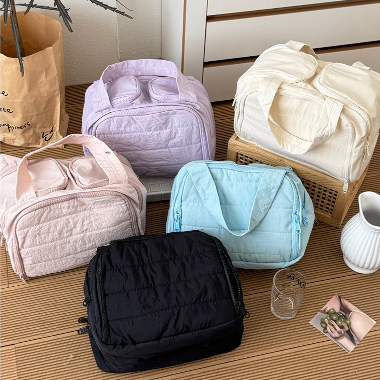 Túi mỹ phẩm xách puffy vải mềm khóa kéo đơn sắc lớn phân ngăn đựng nước hoa tắm du lịch