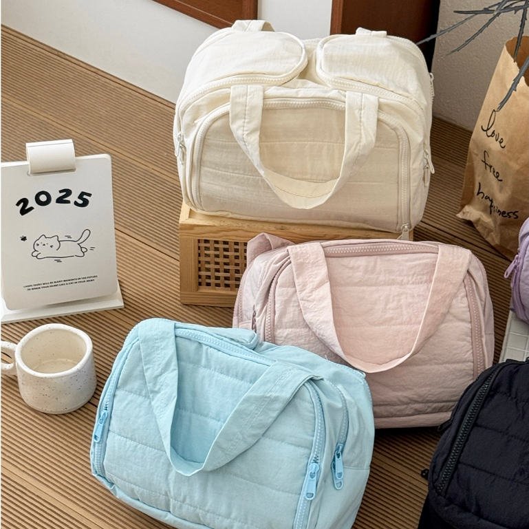 Túi mỹ phẩm xách puffy vải mềm khóa kéo đơn sắc lớn phân ngăn đựng nước hoa tắm du lịch