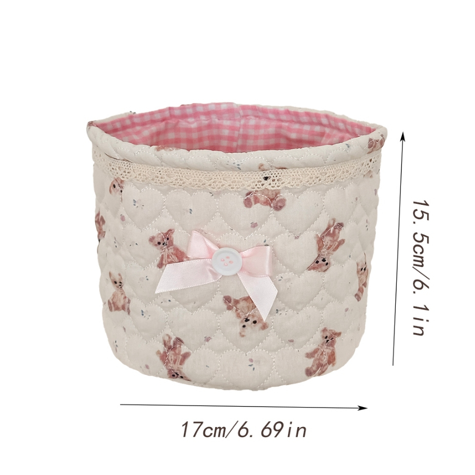 Giỏ lưu trữ tròn vải mềm khâu trái tim in gấu lớn đa năng đựng mỹ phẩm ký túc xá thời trang