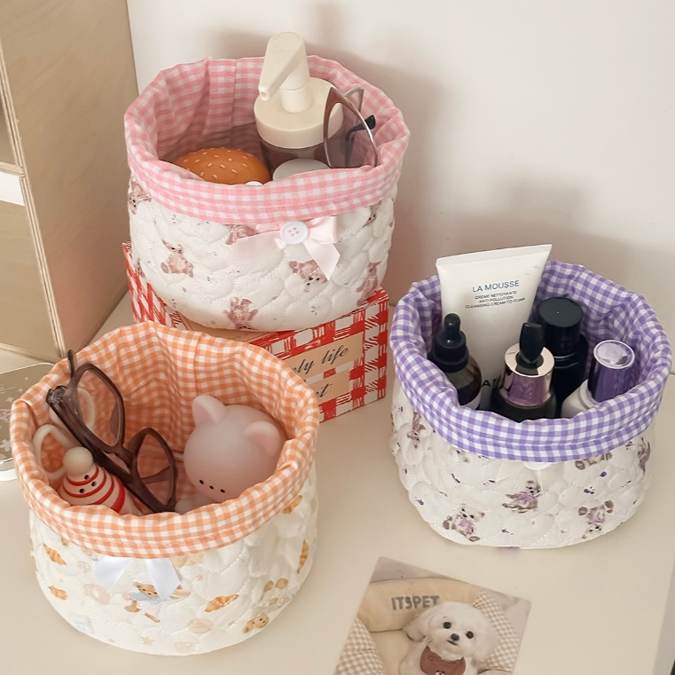 Giỏ lưu trữ tròn vải mềm khâu trái tim in gấu lớn đa năng đựng mỹ phẩm ký túc xá thời trang