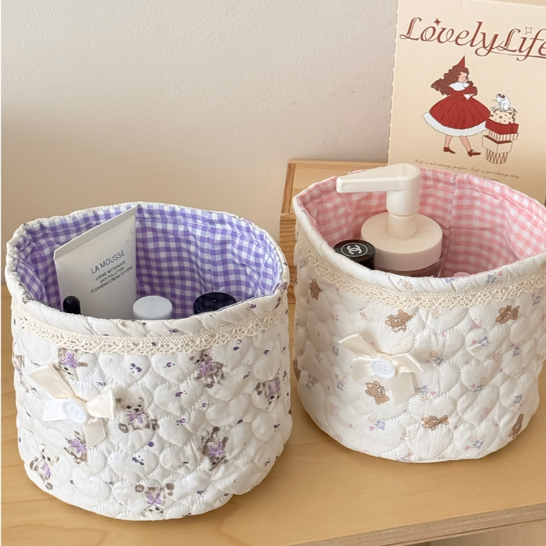 Giỏ lưu trữ tròn vải mềm khâu trái tim in gấu lớn đa năng đựng mỹ phẩm ký túc xá thời trang