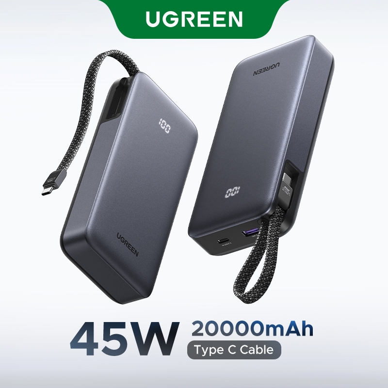 Sạc dự phòng UGREEN 45W, Bộ sạc di động 20.000mAh tích hợp cáp USB C, Pin sạc nhanh Powerbank cho Samsung iPhone 12-17 Pro Max