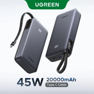Sạc dự phòng UGREEN 45W, Bộ sạc di động 20.000mAh tích hợp cáp USB C, Pin sạc nhanh Powerbank cho Samsung iPhone 12-17 Pro Max