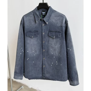 Vintage Rửa Màu Xám Đậm Áo Sơ Mi Phương Tây Nam Bắn Mực Sơn Điểm Oversize Tay Dài Nút Xuống Shacket Với Túi Đôi Ngực