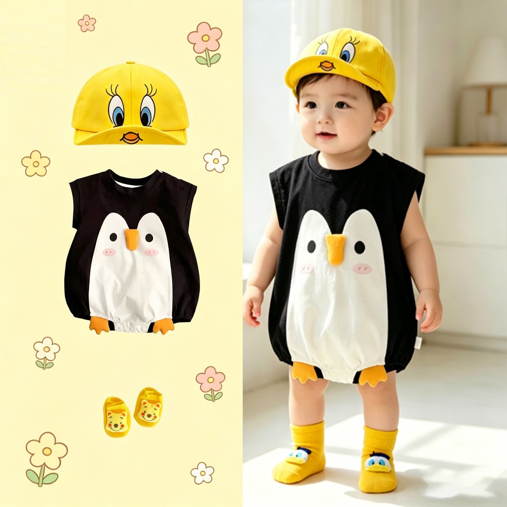Bộ áo liền quần Cotton không tay cho bé trai 3D Chim cánh cụt Hoạt hình Quần áo mùa hè Sơ sinh Jumpsuit 0-24M