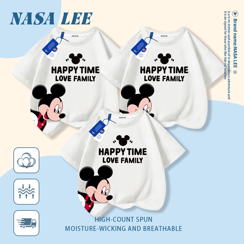 [Giao hàng trong ngày] Áo thun Cotton nguyên chất màu đỏ của NASA dành cho cha mẹ và con cái Mặc chuột Mickey In hình gia đình Ba bốn tay ngắn dáng rộng thông thường