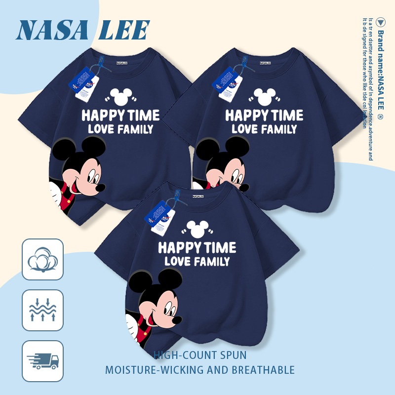 [Giao hàng trong ngày] Áo thun Cotton nguyên chất màu đỏ của NASA dành cho cha mẹ và con cái Mặc chuột Mickey In hình gia đình Ba bốn tay ngắn dáng rộng thông thường