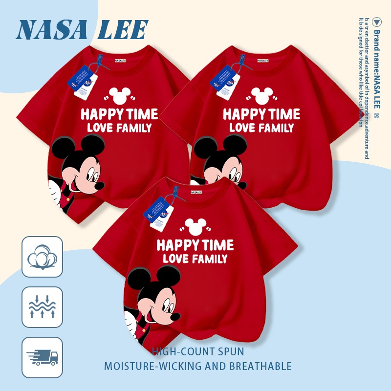 [Giao hàng trong ngày] Áo thun Cotton nguyên chất màu đỏ của NASA dành cho cha mẹ và con cái Mặc chuột Mickey In hình gia đình Ba bốn tay ngắn dáng rộng thông thường