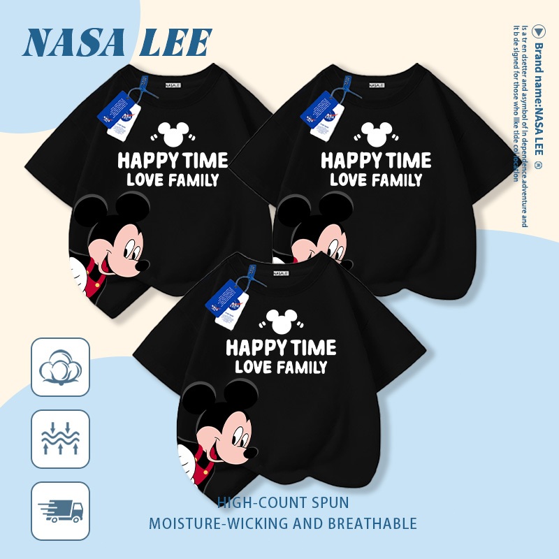 [Giao hàng trong ngày] Áo thun Cotton nguyên chất màu đỏ của NASA dành cho cha mẹ và con cái Mặc chuột Mickey In hình gia đình Ba bốn tay ngắn dáng rộng thông thường