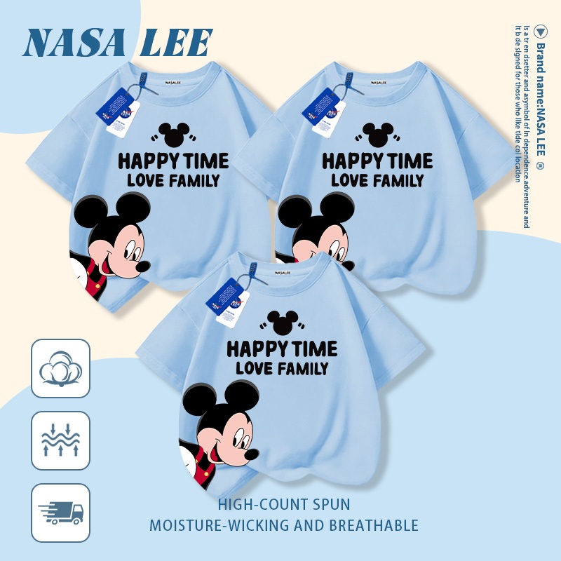 [Giao hàng trong ngày] Áo thun Cotton nguyên chất màu đỏ của NASA dành cho cha mẹ và con cái Mặc chuột Mickey In hình gia đình Ba bốn tay ngắn dáng rộng thông thường