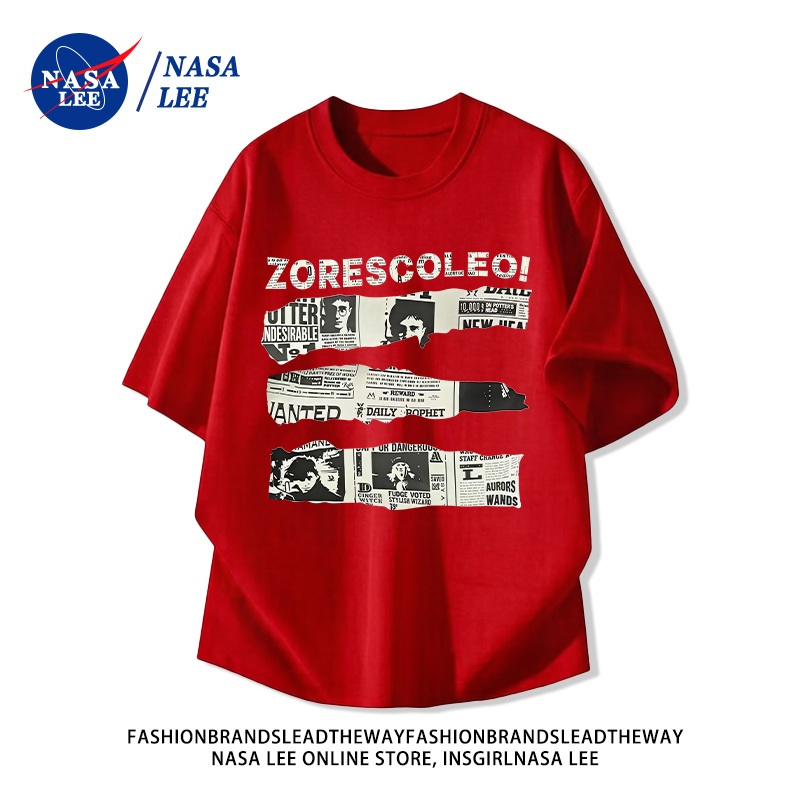 [Giao hàng trong ngày] Áo thun ngắn tay Cotton nguyên chất có thương hiệu của NASA Mùa hè 2026 Phong cách mới Báo dán phong cách in hình dáng rộng tay nặng