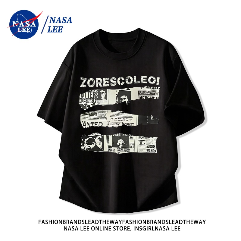 [Giao hàng trong ngày] Áo thun ngắn tay Cotton nguyên chất có thương hiệu của NASA Mùa hè 2026 Phong cách mới Báo dán phong cách in hình dáng rộng tay nặng