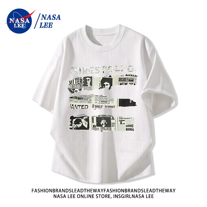 [Giao hàng trong ngày] Áo thun ngắn tay Cotton nguyên chất có thương hiệu của NASA Mùa hè 2026 Phong cách mới Báo dán phong cách in hình dáng rộng tay nặng