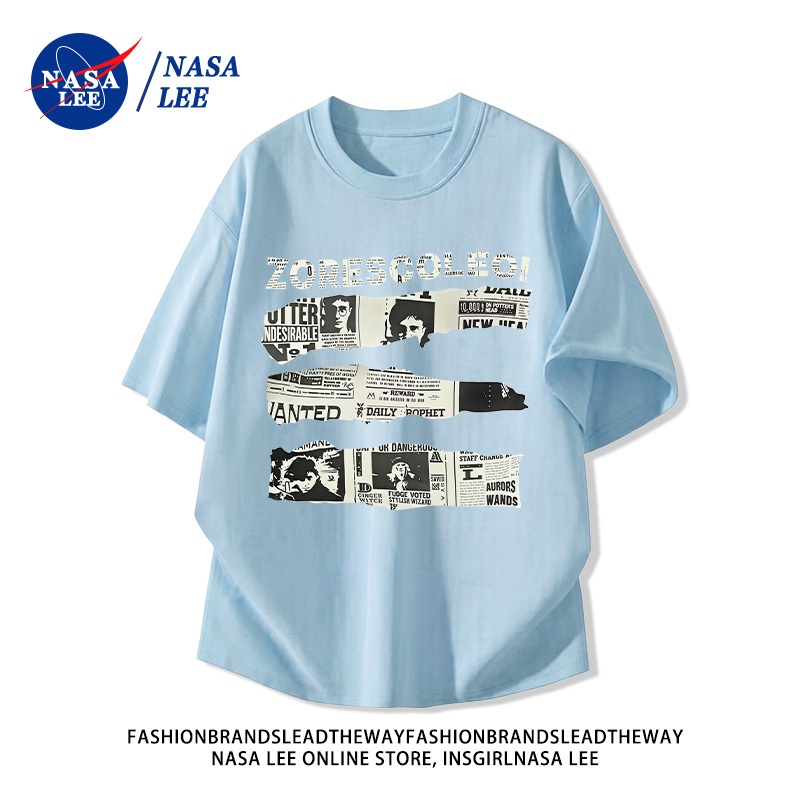[Giao hàng trong ngày] Áo thun ngắn tay Cotton nguyên chất có thương hiệu của NASA Mùa hè 2026 Phong cách mới Báo dán phong cách in hình dáng rộng tay nặng